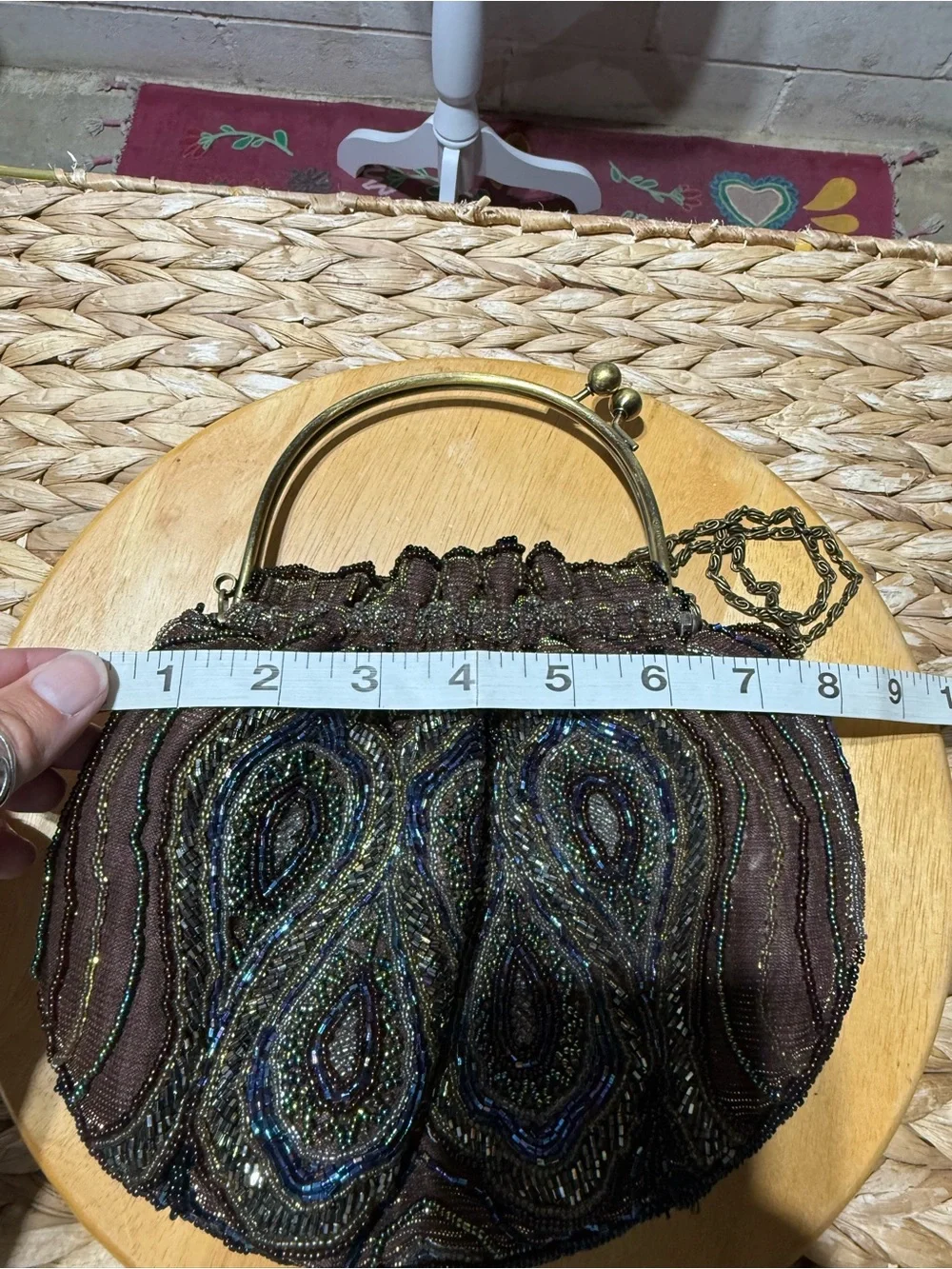 Beaded Evening Handbag in Brown with Blue-Green Accents